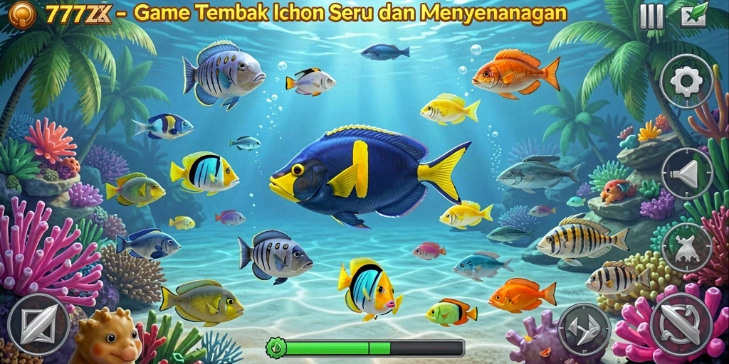 Tampilan gameplay seru di 777ZX menangkap keasyikan Tembak Ikan.