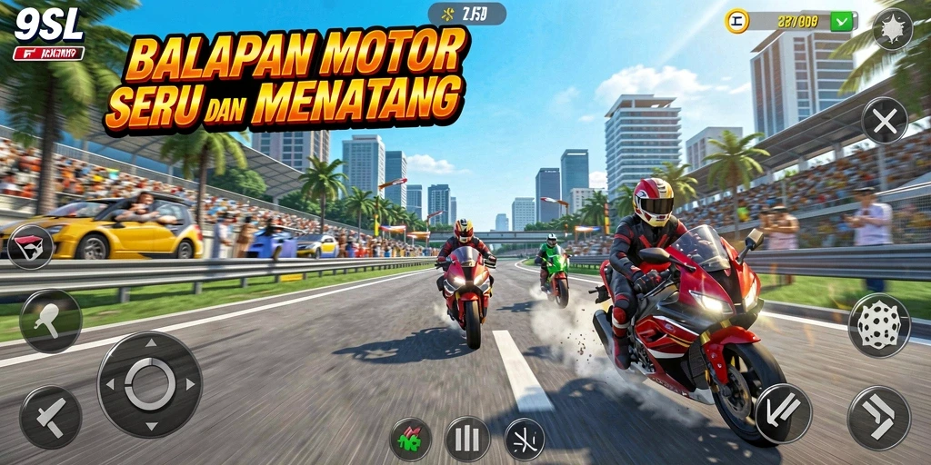Screenshot 9SL menunjukkan aksi balapan motor yang mendebarkan.