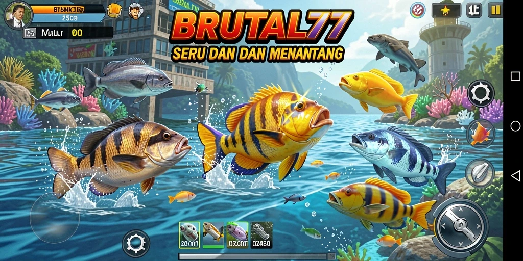 Screenshot gameplay BRUTAL77 menampilkan keseruan berburu ikan.