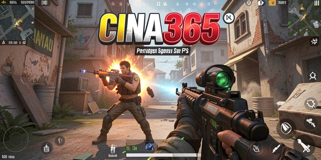 Tangkapan layar gameplay intens dari CINA365 menunjukkan aksi tembak-menembak.