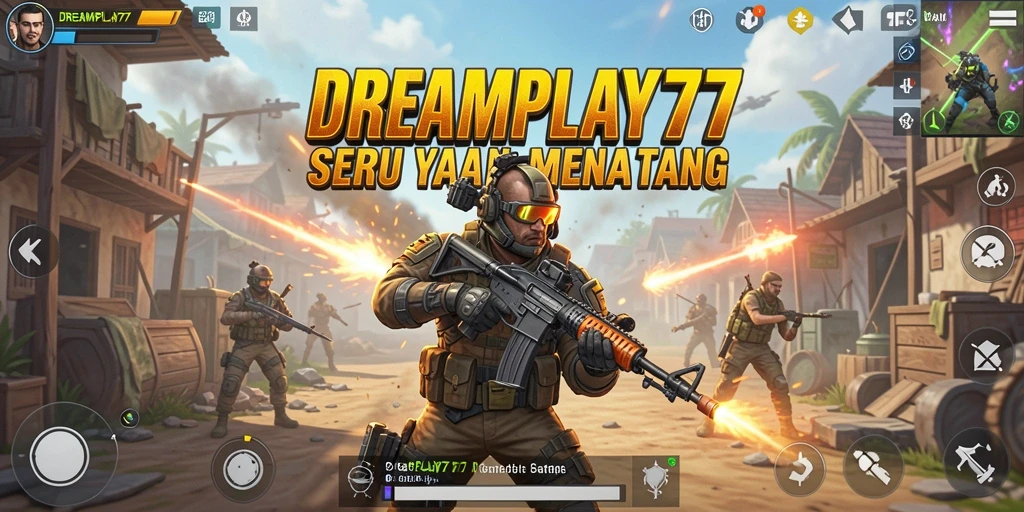 Screenshot utama DREAMPLAY77 menampilkan aksi seru dalam medan tempur Battle Royale.