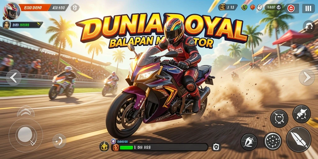 Tangkapan layar DUNIAROYAL menampilkan balapan motor yang mendebarkan.