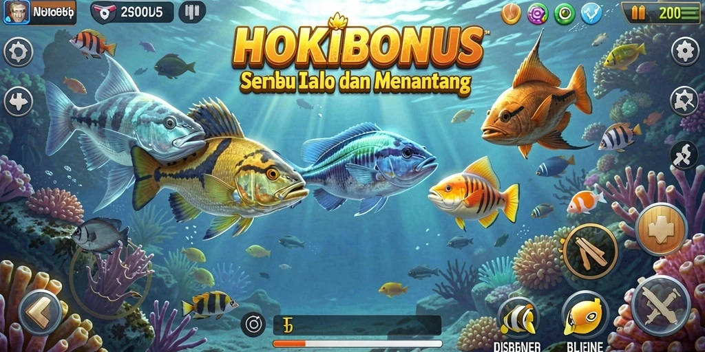 Screenshot gameplay HOKIBONUS menampilkan aksi menangkap ikan yang mendebarkan.