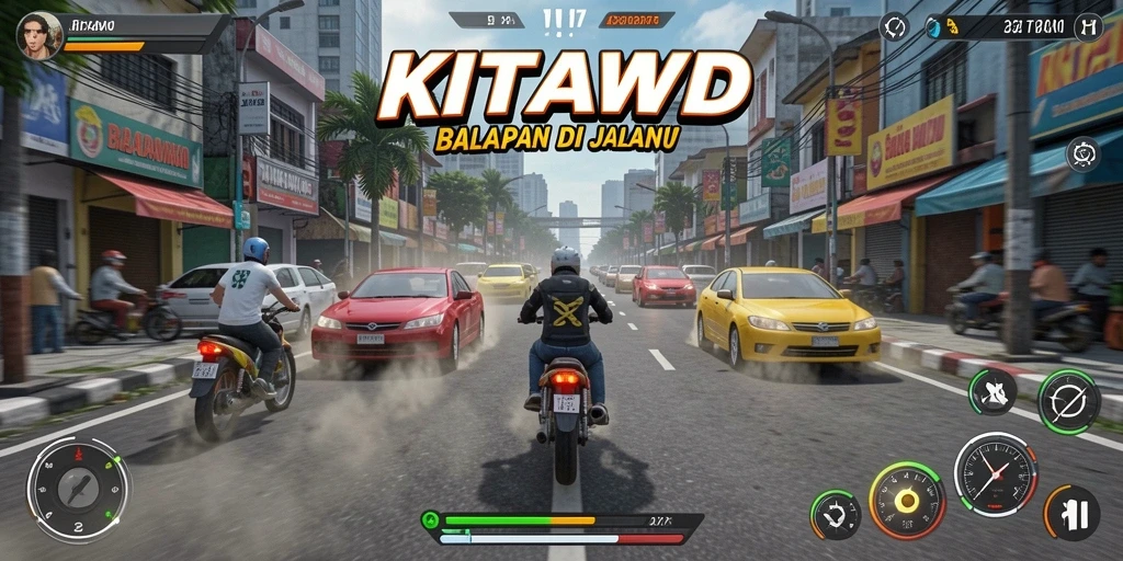 Screenshot gameplay KITAWD menunjukkan aksi balap yang mendebarkan.