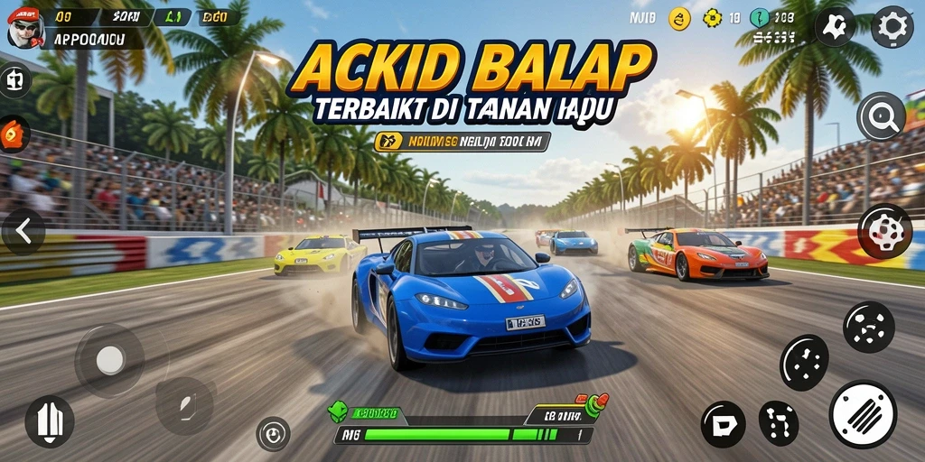 Tampilan gameplay menegangkan dalam MPOID dengan mobil balap yang melaju cepat.