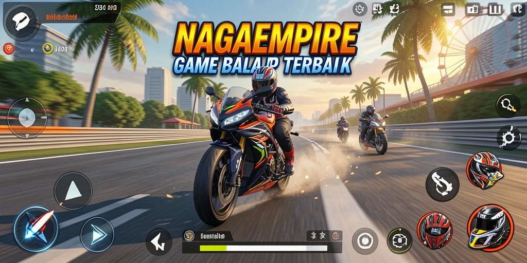 Screenshot gameplay NAGAEMPIRE dengan aksi balap motor yang mendebarkan.
