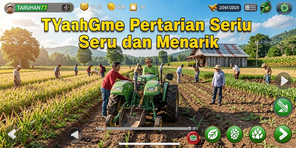 Screenshot gameplay TARUHAN77 menampilkan lahan pertanian yang subur dan hewan yang bahagia.
